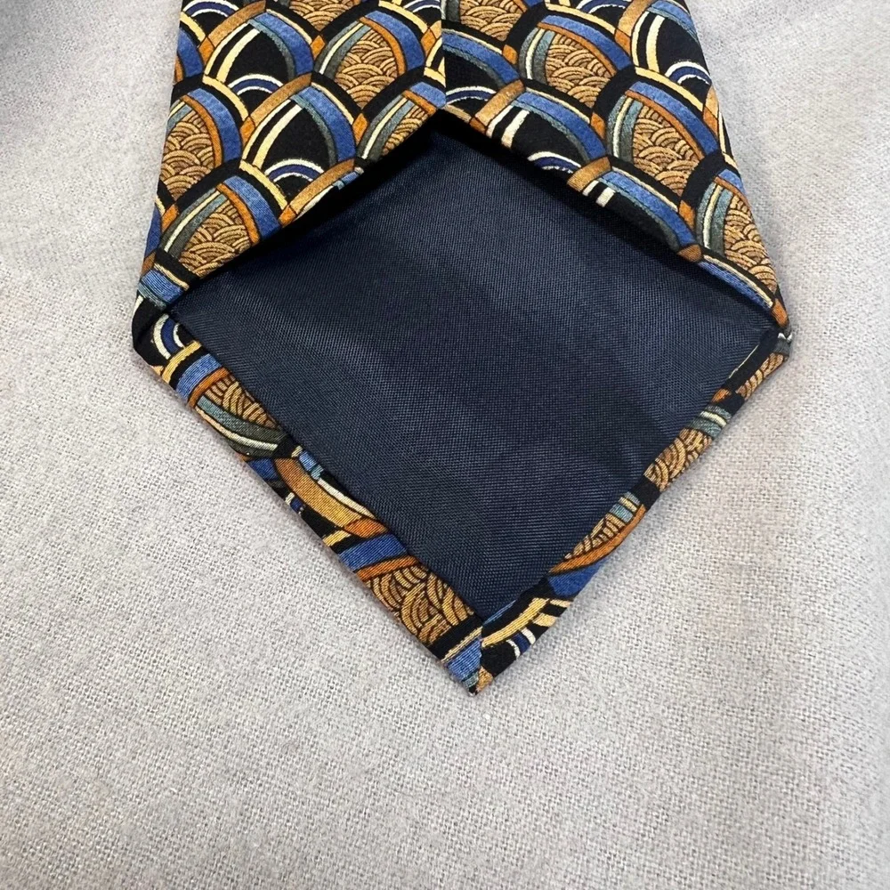J. Garcia Art-Inspired Silk Tie Blue Gold Geometric Pattern 90s Abstract 3.75x59